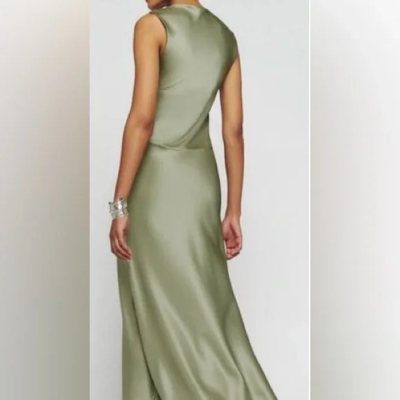 Reformation Satin Maxi Dress Sage Green tag 12 tailored to fit size 10 long - Picture 5 of 11